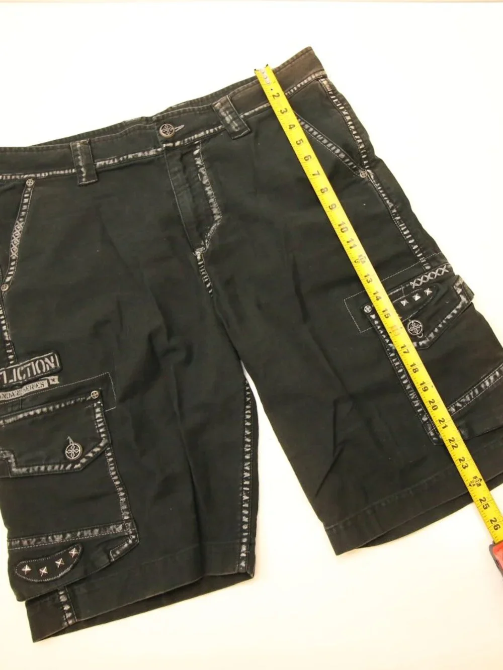 Affliction Faded Black Cargo Studded Shorts Mens 36 Heavy Canvas Y2K READ FADES